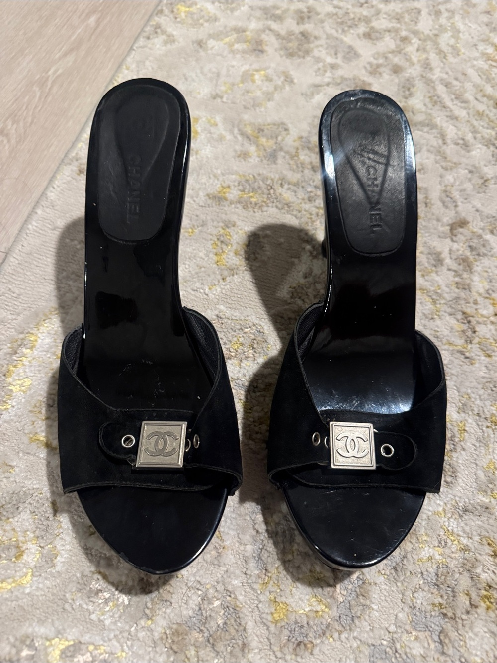 Vintage CHANEL Black Open-Toe Logo Square Accent Mules